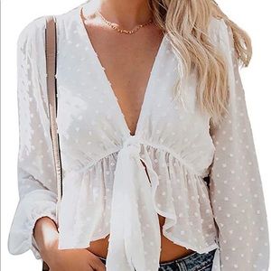 Women's Solid Open Front Tie Knot Crop Top Long Sleeve Blouse White.- like new!